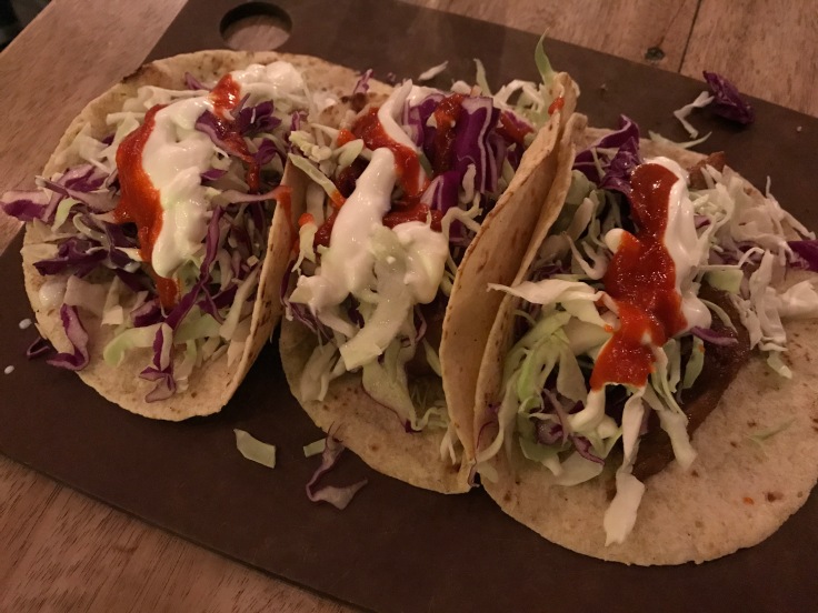 A Trio of Ahi Kamikaze Tacos Sit on a Plate at Fourth Street Mill in La Verne, California