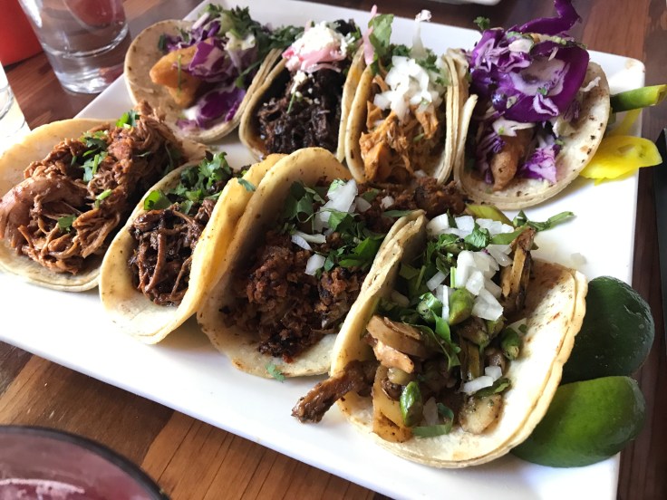 Eight tacos Sit on a Plate at Tacolicious in Downtown Palo Alto, California