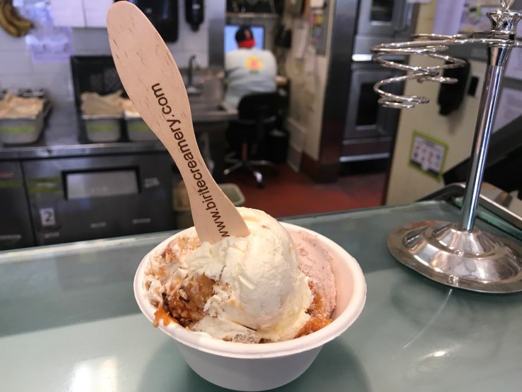 The Perfect Pair - A Scoop of Bi-Rite Creamery’s Peachy Cobbler Nestled Beside a Scoop of Balsamic Strawberry Ice Cream in San Francisco