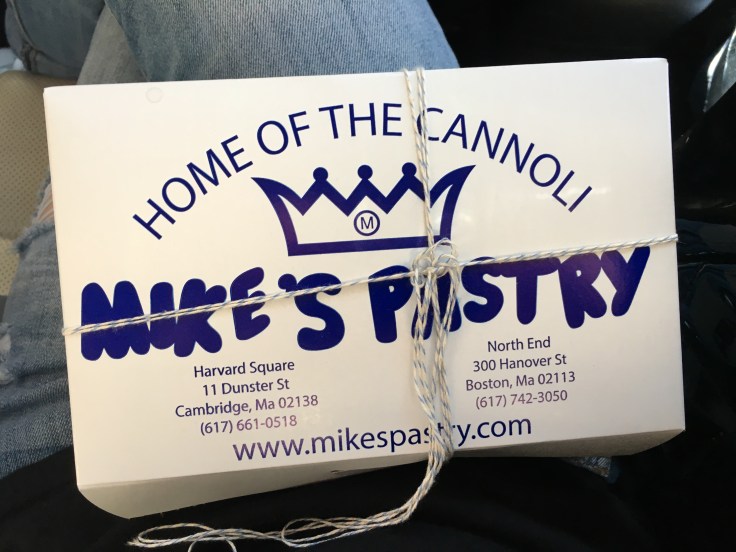Mike's Pastry's Famous White and Blue Packaging from Boston, Massachusetts