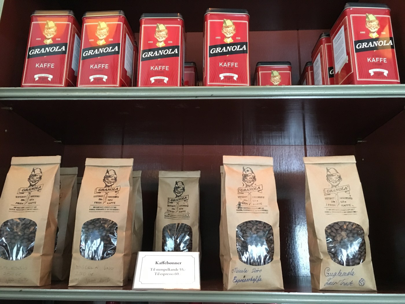 50's Style Tins and Packages of Coffee Beans at Granola in Copenhagen, Denmark