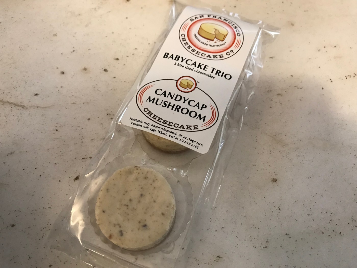 A Babycake Trio of Candycap Mushroom Cheesecakes at CheeseQuakes! in the San Francisco Ferry Building in California