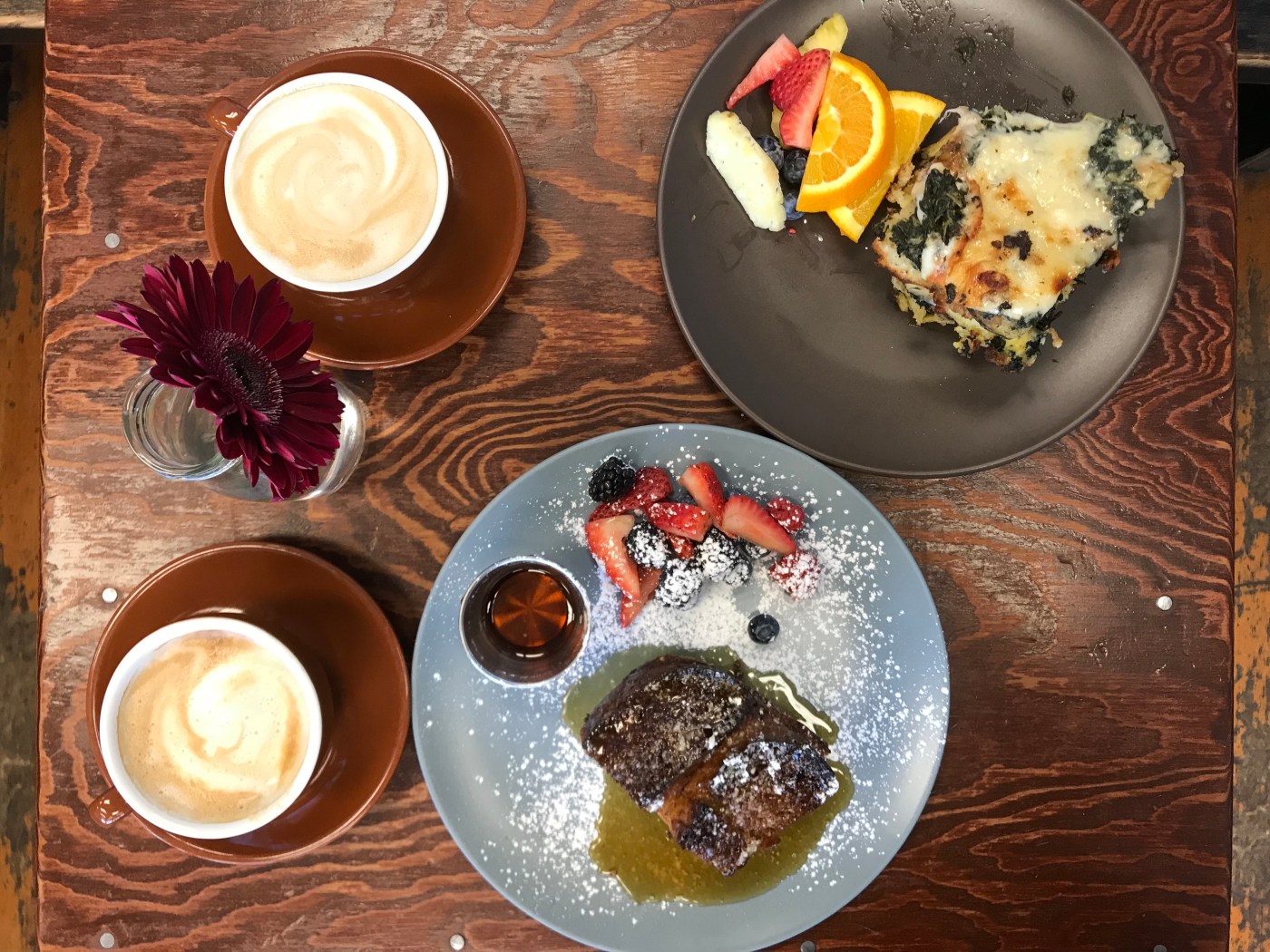 Breakfast of Champions - Breakfast Strata, a French Toast Strata and Cappuccinos at Blue Dot Café and Coffee Bar in Alameda, California