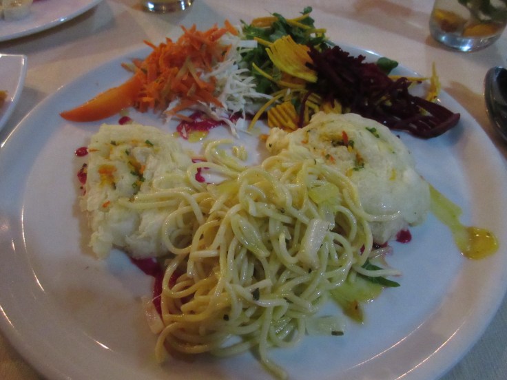 Great Balls of Boliche - Boiled Yucca and Yellow Sweet Potatoes With Brower (Spaghetti with Garlic, Pepperoncini and Olive Oil) at El Romero Vegetarian Restaurant in Las Terrazas, Cuba