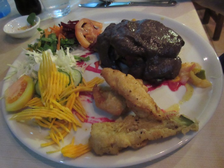 El Romero Eco Restaurant's Super Romero in Las Terrazas, Cuba - Seitan Steak (Baked Eggplant Stuffed With Vegetables) in a Wine Sauce Served With Tempura and Marinated Veggies