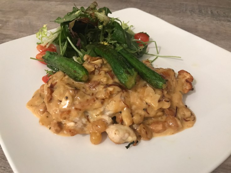 A photo of the chicken paillard saltimbocca at Morsey's Farmhouse Kitchen in Los Altos. The dish consists of pan seared Mary’s chicken breast, prosciutto, fontina, sage, toasted almonds, golden raisins and a delightful buffalo cream curry.