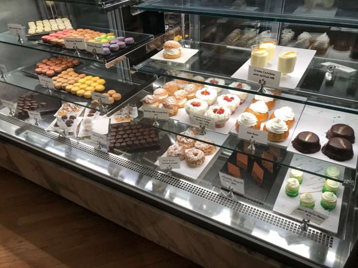 A photo of the desserts case featuring everything from macarons to dulce de leche mousse at Morsey's Farmhouse Kitchen in Los Altos, California.