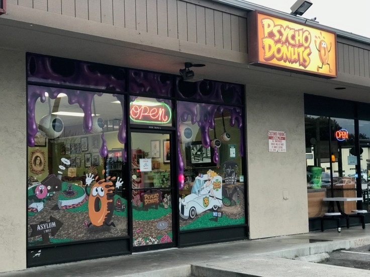 A photo from outside of the exterior of Psycho Donuts shop in Campbell, California.