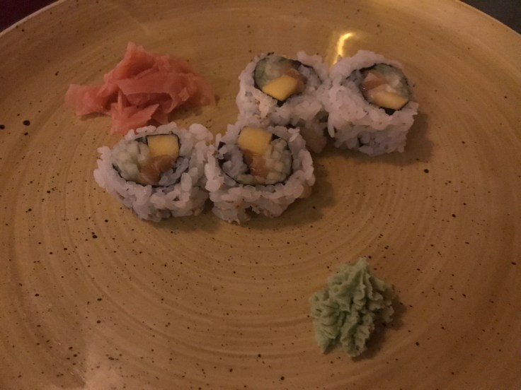 The California Roll at Confraria Sushi (a Japanese restaurant in Cascais, Portugal) is made with cucumber (pepino), mango (manga) and salmon (salmão). Photo Courtesy of FoodWaterShoes