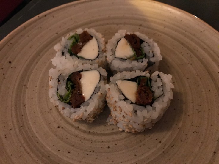 The caprese roll at Confraria Sushi in Cascais, Portugal is made with dried tomato (tomate seco), basil (rucula) and mozzarella. Photo Courtesy of FoodWaterShoes