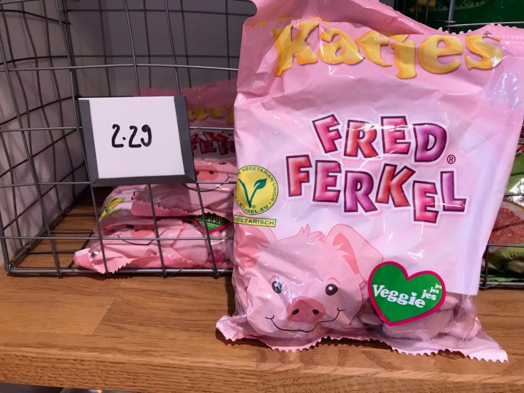 A package of Fred Ferkel pink pig shaped veggie gummies on display at Katjes Café Grün-Ohr coffee shop in Berlin, Germany. Photo Courtesy of FoodWaterShoes
