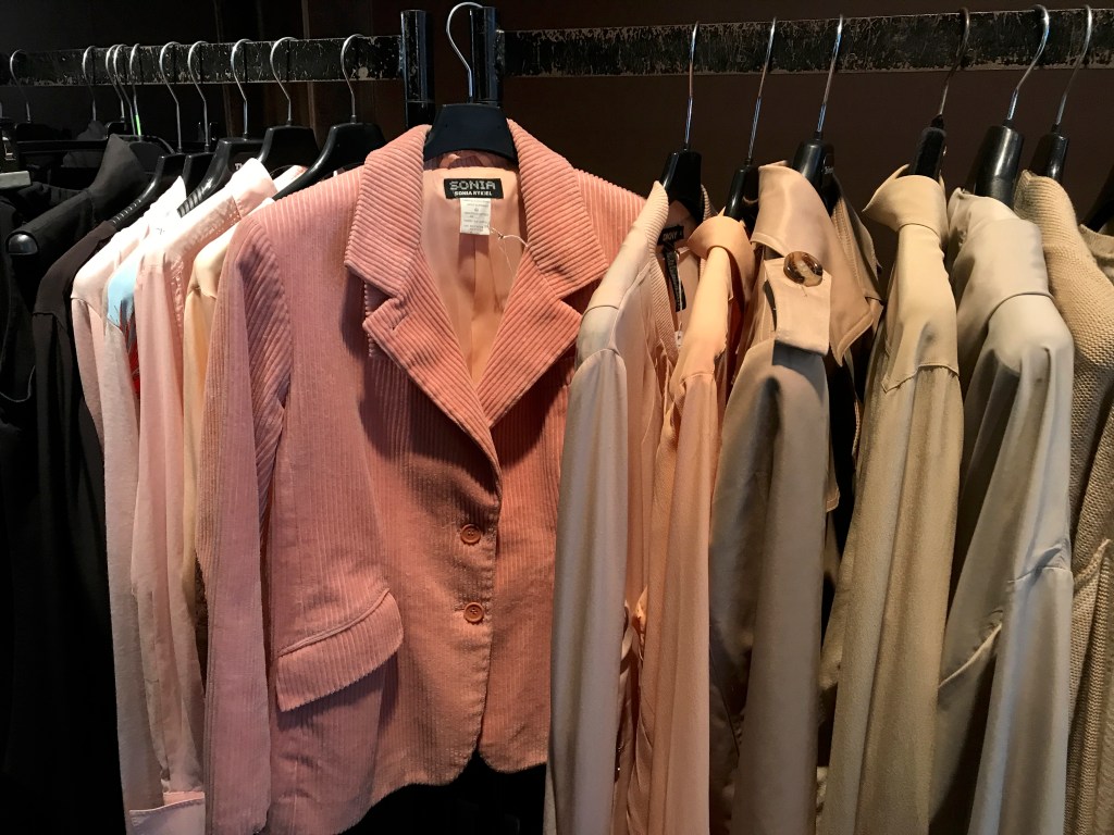 A photo of a vintage Sonia Rykiel pink corduroy jacket at secondhand boutique Isabelle Bajart in Brussels (Bruxelles), Belgium. Photo Courtesy of FoodWaterShoes