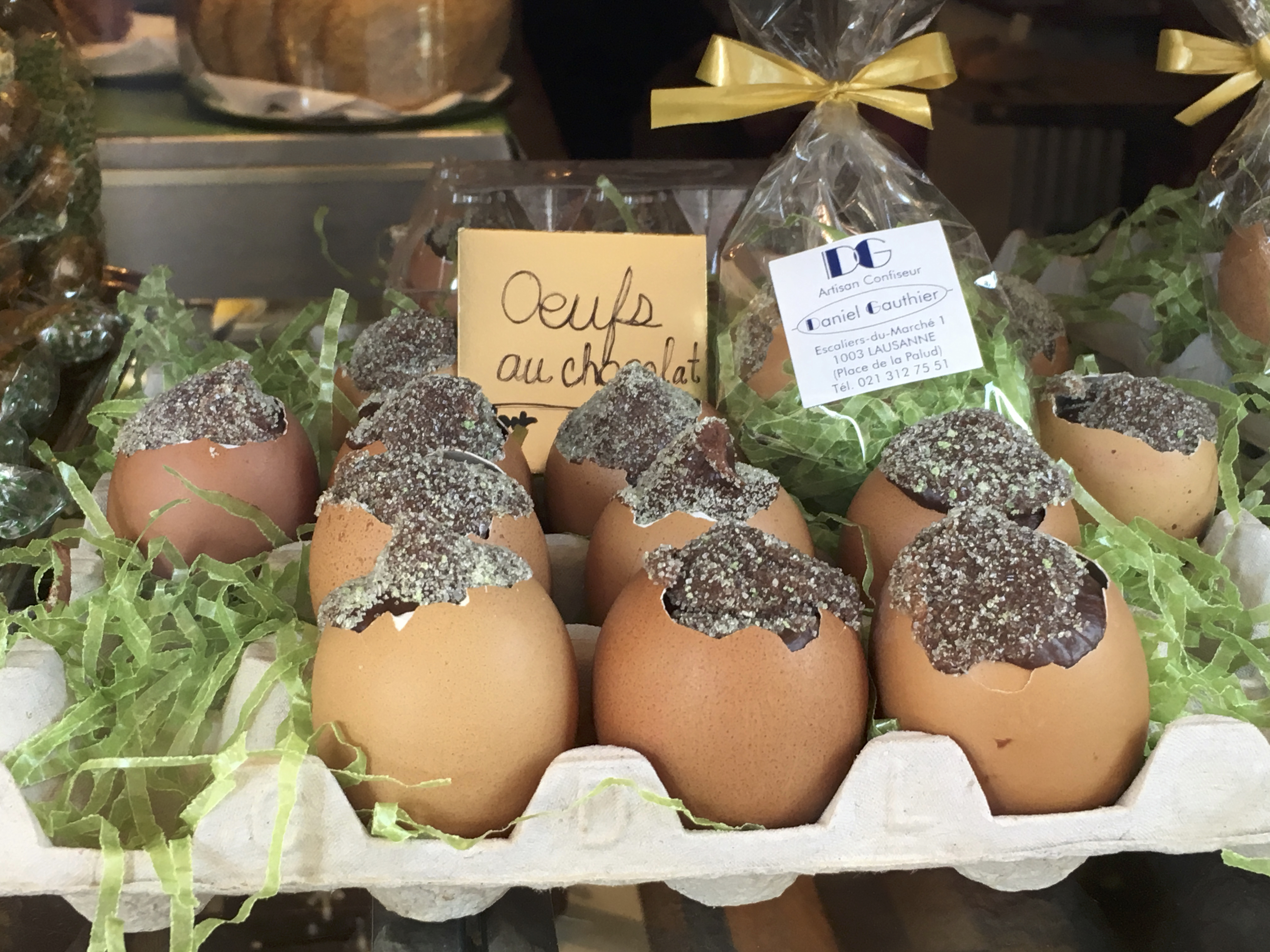 A photo of chocolate Easter eggs (oeufs de Pâques au chocolate) at Danile Gauthier in Lausanne, Switzerland. Photo Courtesy of FoodWaterShoes