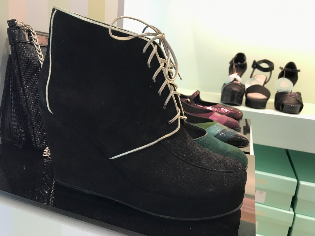 A photo of black wedge platform high heels at the GretaFlora shoe shop in Buenos Aires, Argentina. If you're interested in fashion and stiletto shopping in Buenos Aires, this is one boutique you won't want to miss. Photo Courtesy of FoodWaterShoes