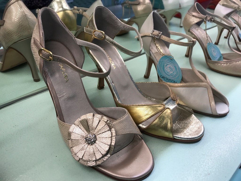 A photo of lovely Clementina champagne flower tango stilettos at the GretaFlora shoe shop in Buenos Aires, Argentina. If you're interested in fashion and high heel shopping in Buenos Aires, this is one boutique you won't want to miss. Photo Courtesy of FoodWaterShoes