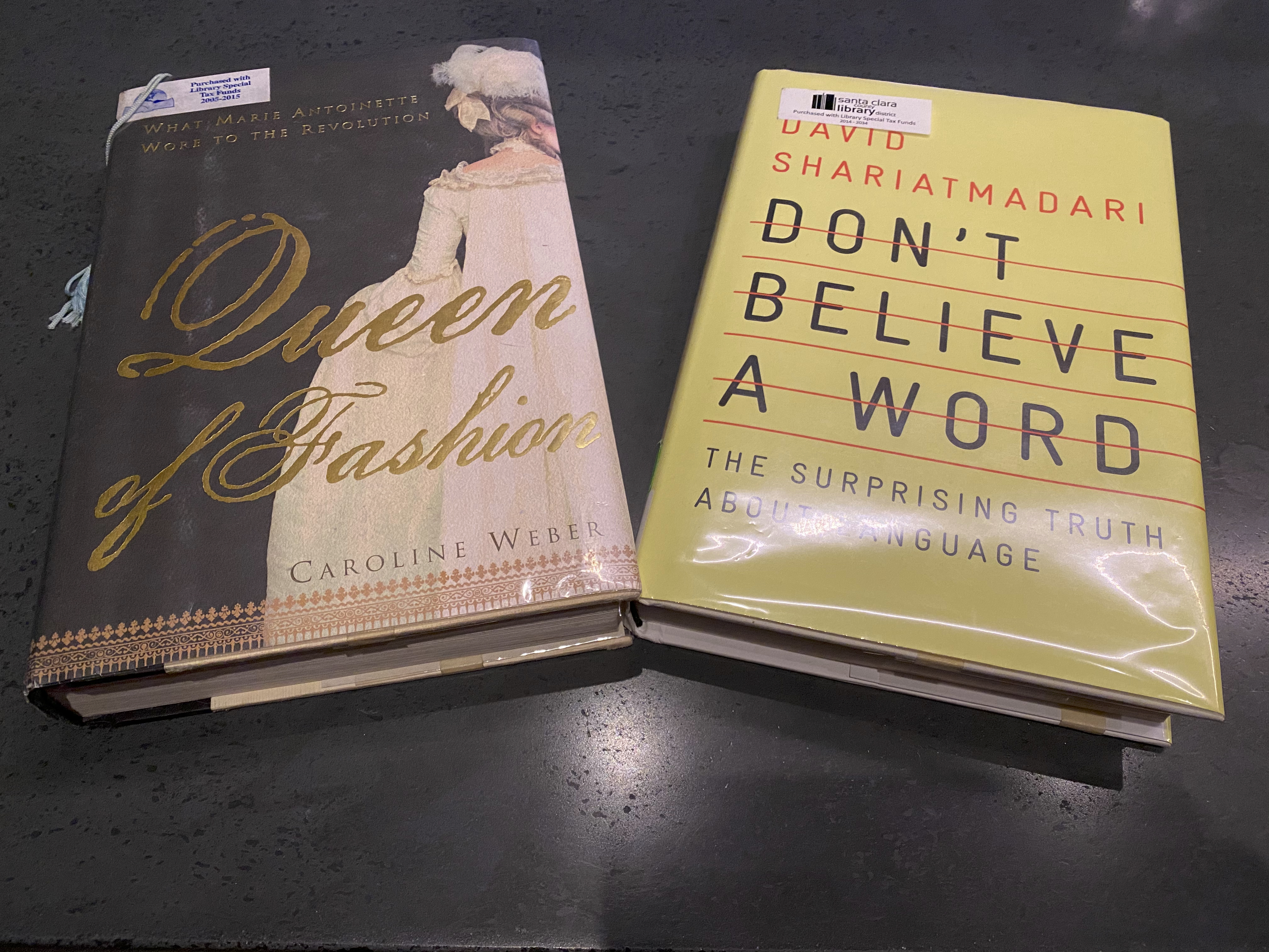 A photo of the hard cover books, "Queen of Fashion" by Caroline Weber and David Sariatmadari's, "Don't Believe a Word," from the Santa Clara Clara County Library. Photo Courtesy of FoodWaterShoes